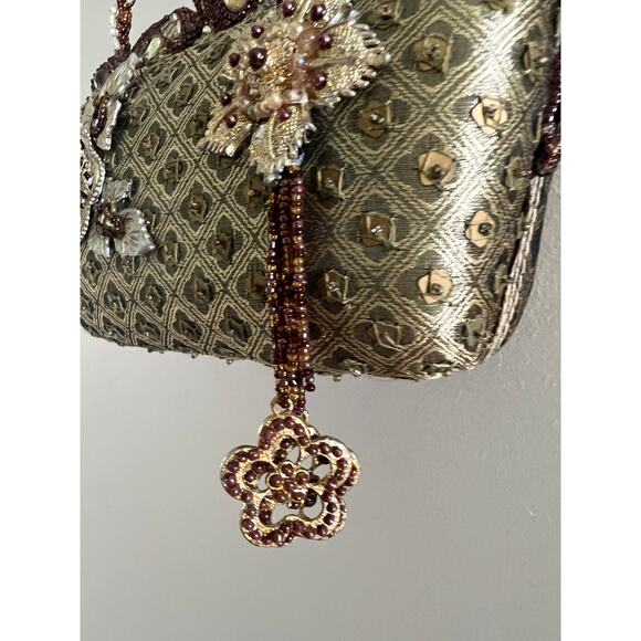 Mary Frances Green & Gold Floral Beaded Hard Case Hand Bag Purse Embellished JL - Picture 6 of 16